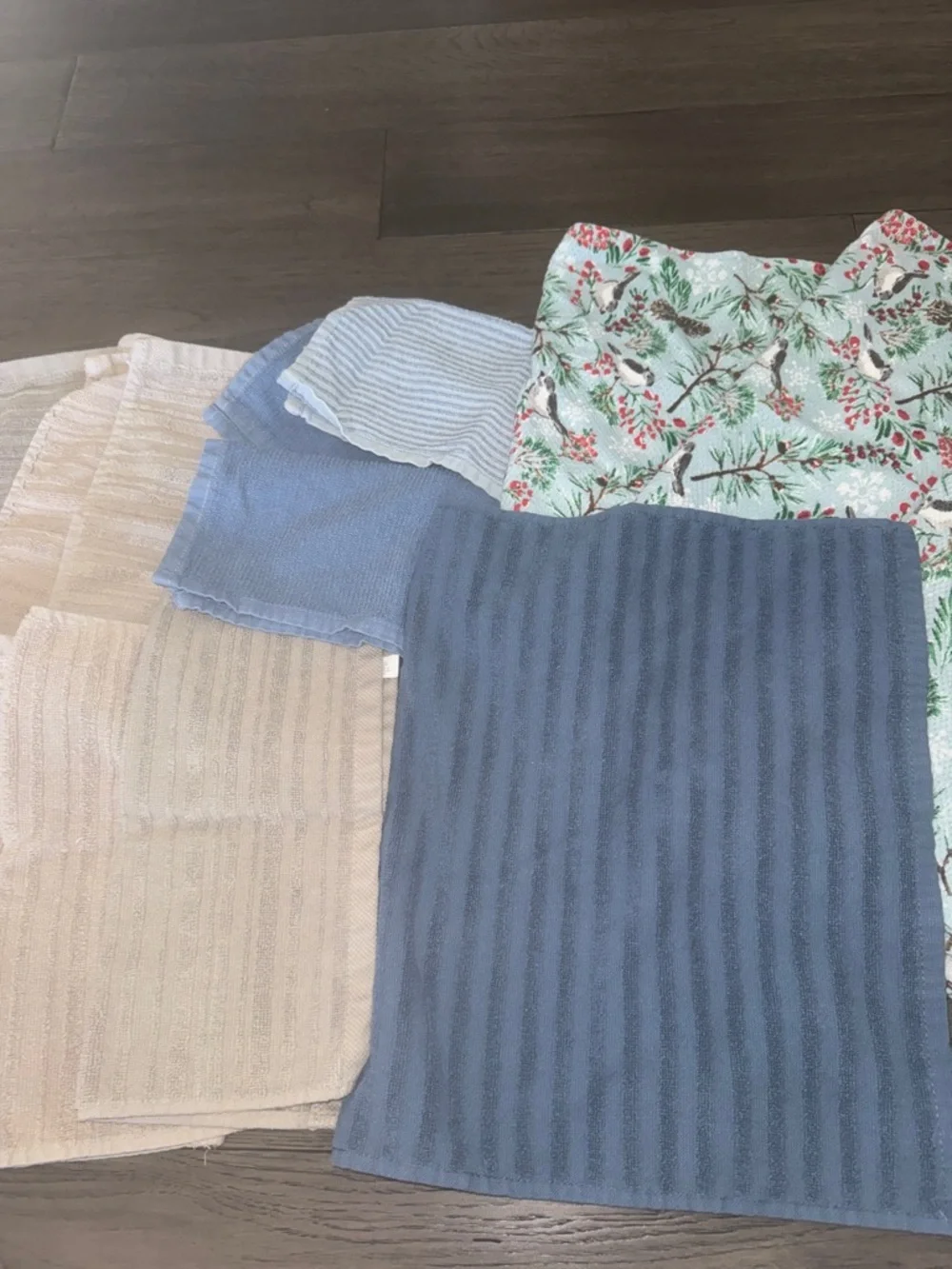 Christmas/winter Kitchen towel set, blue tan, red. Multiple sizes, set of 13